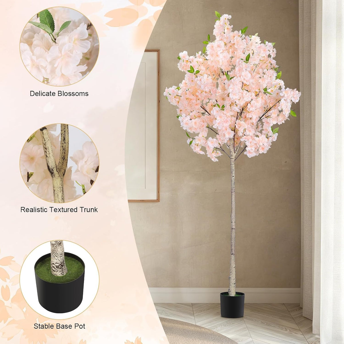 6FT Artificial Cherry Blossom Tree with Nursery Pot, Faux Champagne Sakura Tree with Adjustable Branches for Living Room, Entryway, Office and Wedding Decor