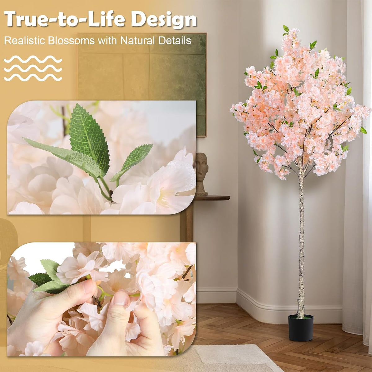 6FT Artificial Cherry Blossom Tree with Nursery Pot, Faux Champagne Sakura Tree with Adjustable Branches for Living Room, Entryway, Office and Wedding Decor