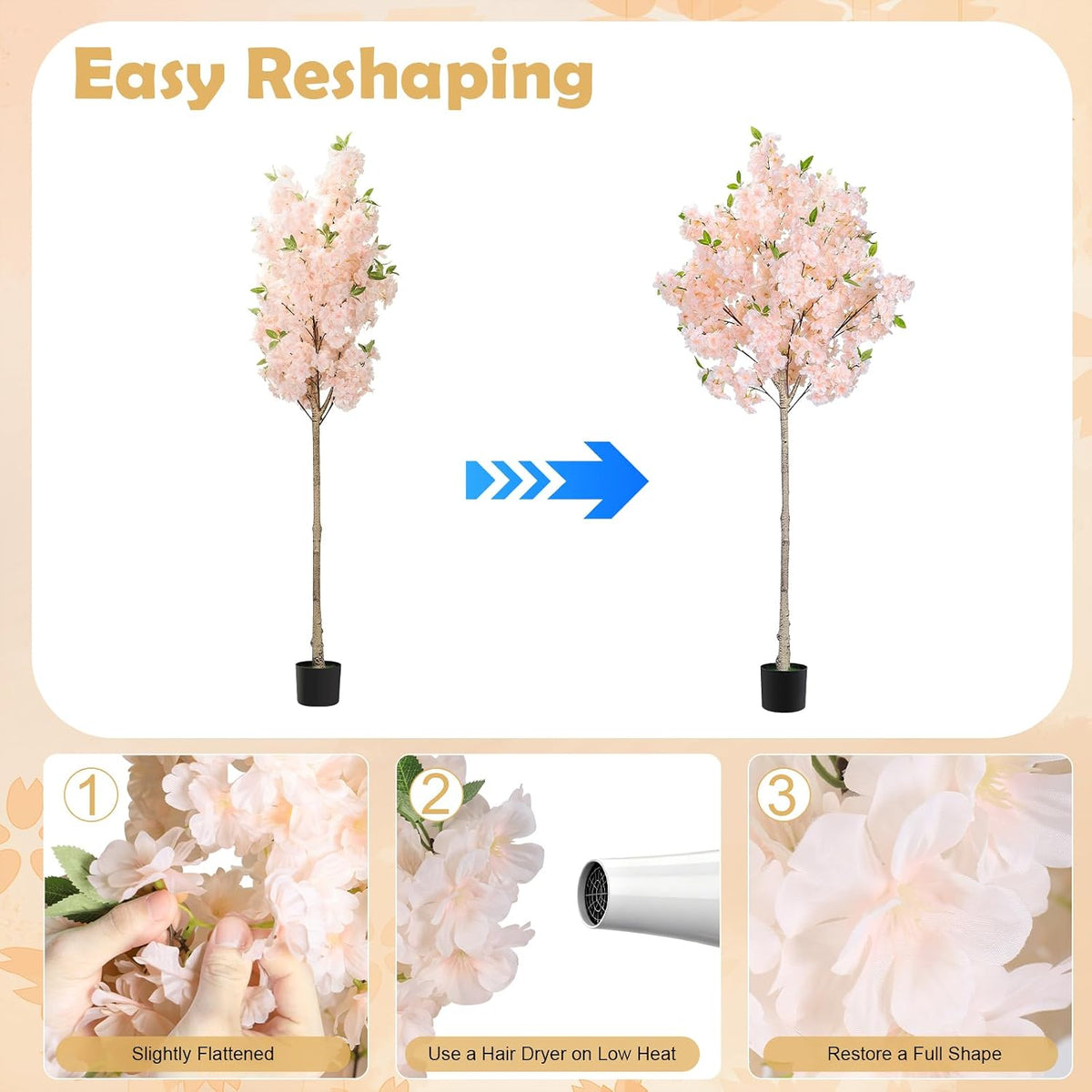6FT Artificial Cherry Blossom Tree with Nursery Pot, Faux Champagne Sakura Tree with Adjustable Branches for Living Room, Entryway, Office and Wedding Decor