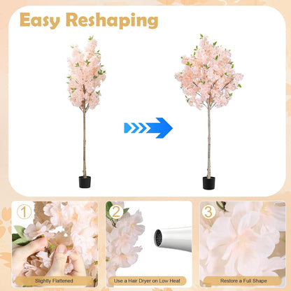 6FT Artificial Cherry Blossom Tree with Nursery Pot, Faux Champagne Sakura Tree with Adjustable Branches for Living Room, Entryway, Office and Wedding Decor
