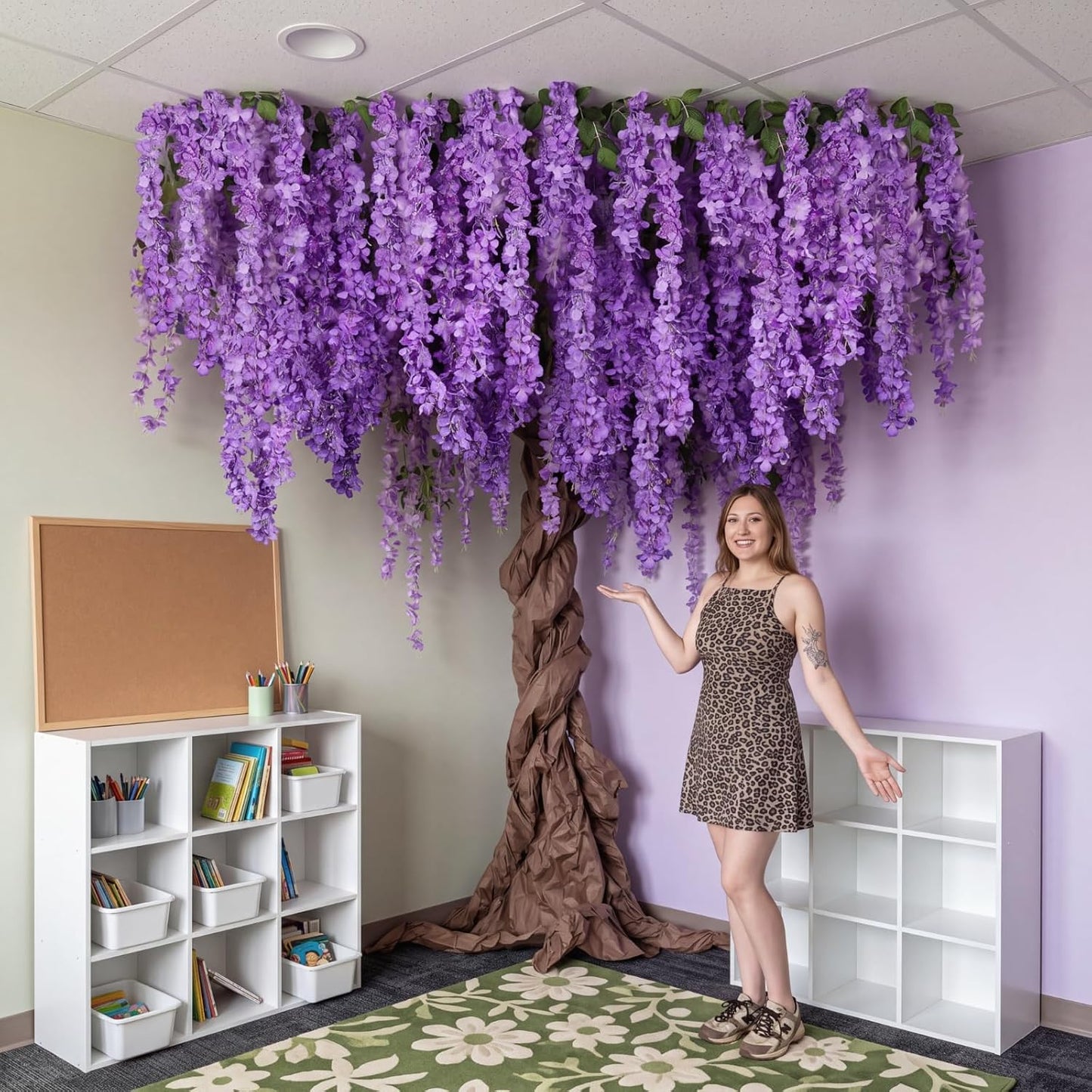 DIY Wisteria Tree Hanging Flowers Branches 3D Paper Blossom Tree for Home Classroom Wall Spring Decor Fake Ceiling Flowers 20 Wisteria Branches for Indoor Bedroom Forest Background(Pruple)