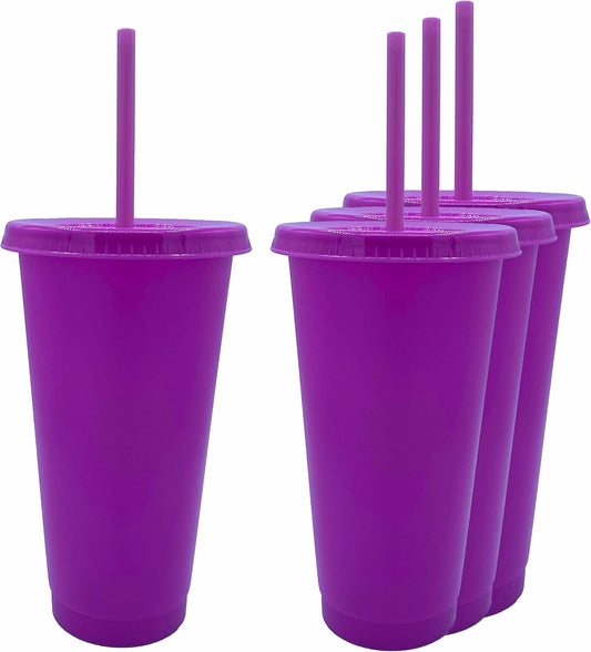 24oz Reusable Bold Color Plastic Cold Cup Tumbler with Straw and Lid 4 Pack (PURPLE)