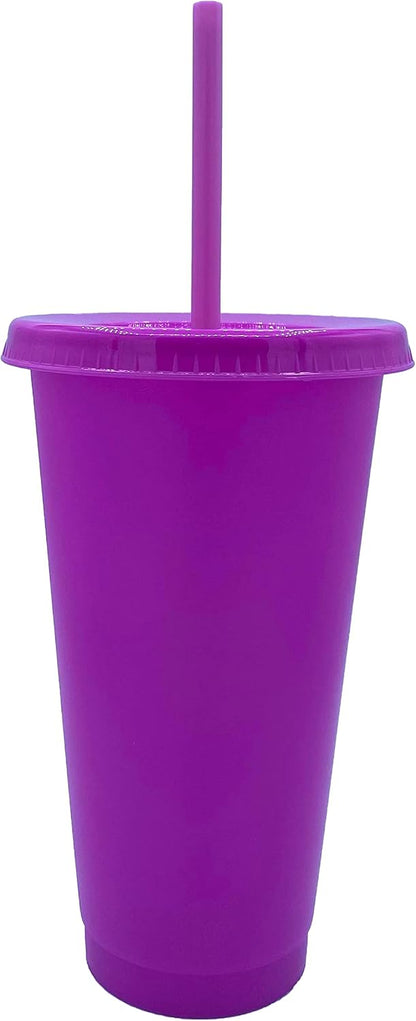 24oz Reusable Bold Color Plastic Cold Cup Tumbler with Straw and Lid 4 Pack (PURPLE)