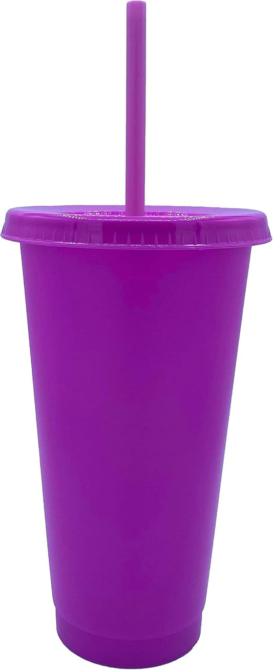 24oz Reusable Bold Color Plastic Cold Cup Tumbler with Straw and Lid 4 Pack (PURPLE)