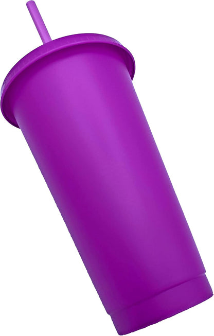 24oz Reusable Bold Color Plastic Cold Cup Tumbler with Straw and Lid 4 Pack (PURPLE)