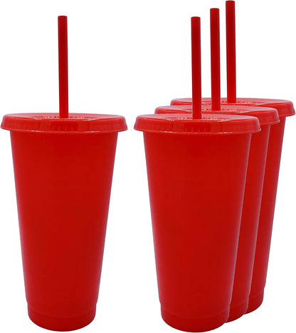 24oz Reusable Bold Color Plastic Cold Cup Tumbler with Straw and Lid 4 Pack (PURPLE)
