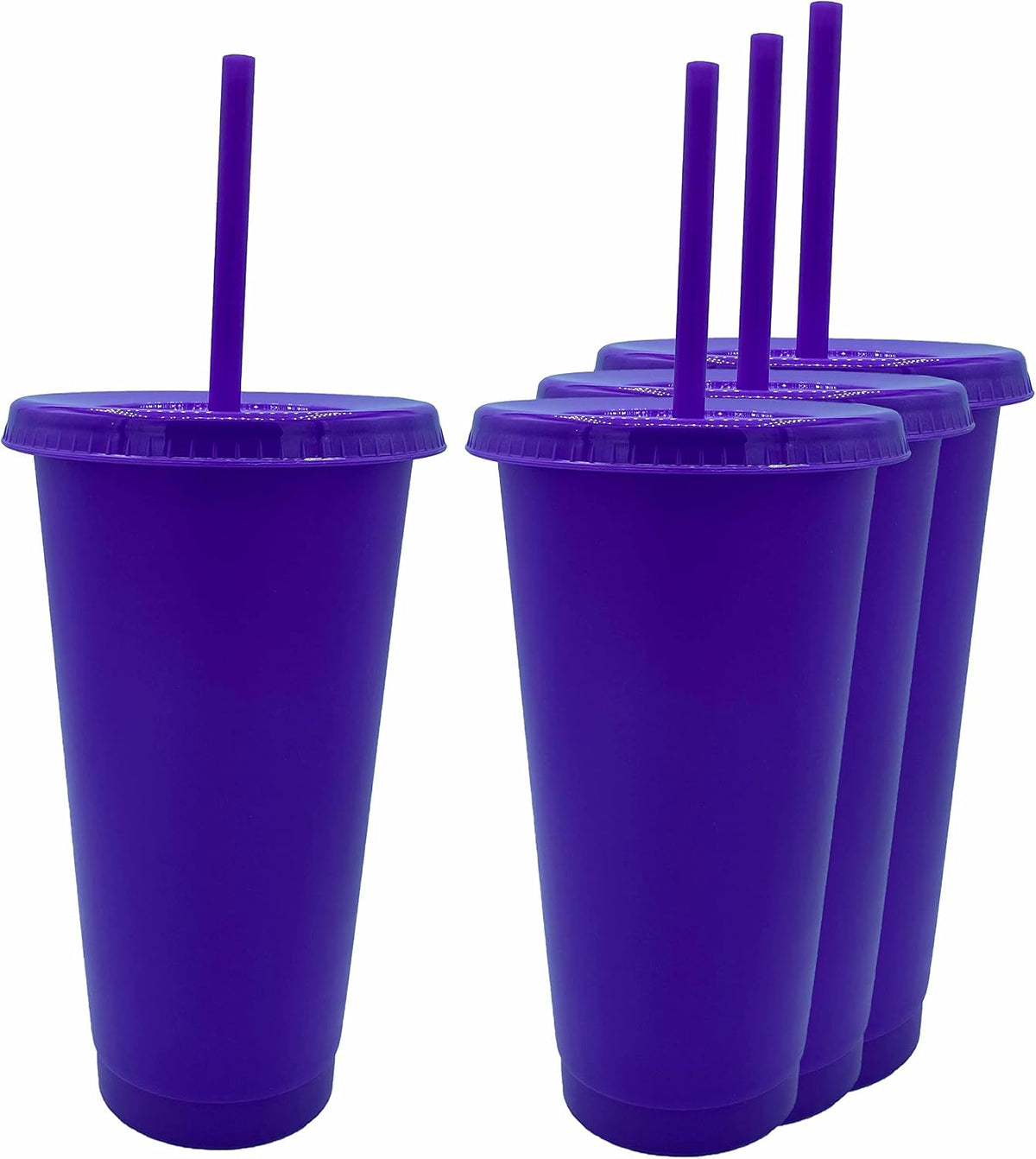 24oz Reusable Bold Color Plastic Cold Cup Tumbler with Straw and Lid 4 Pack (PURPLE)
