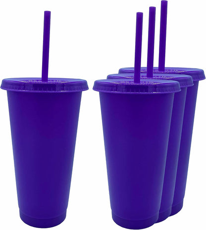 24oz Reusable Bold Color Plastic Cold Cup Tumbler with Straw and Lid 4 Pack (PURPLE)