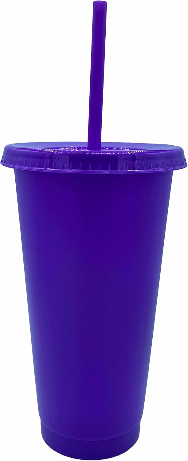 24oz Reusable Bold Color Plastic Cold Cup Tumbler with Straw and Lid 4 Pack (PURPLE)