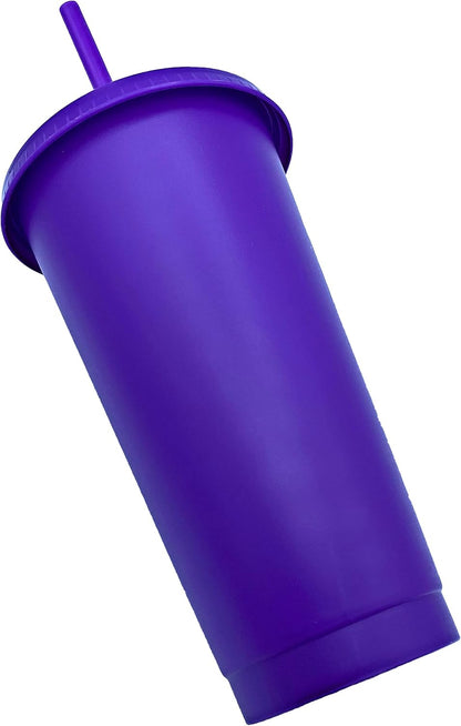 24oz Reusable Bold Color Plastic Cold Cup Tumbler with Straw and Lid 4 Pack (PURPLE)