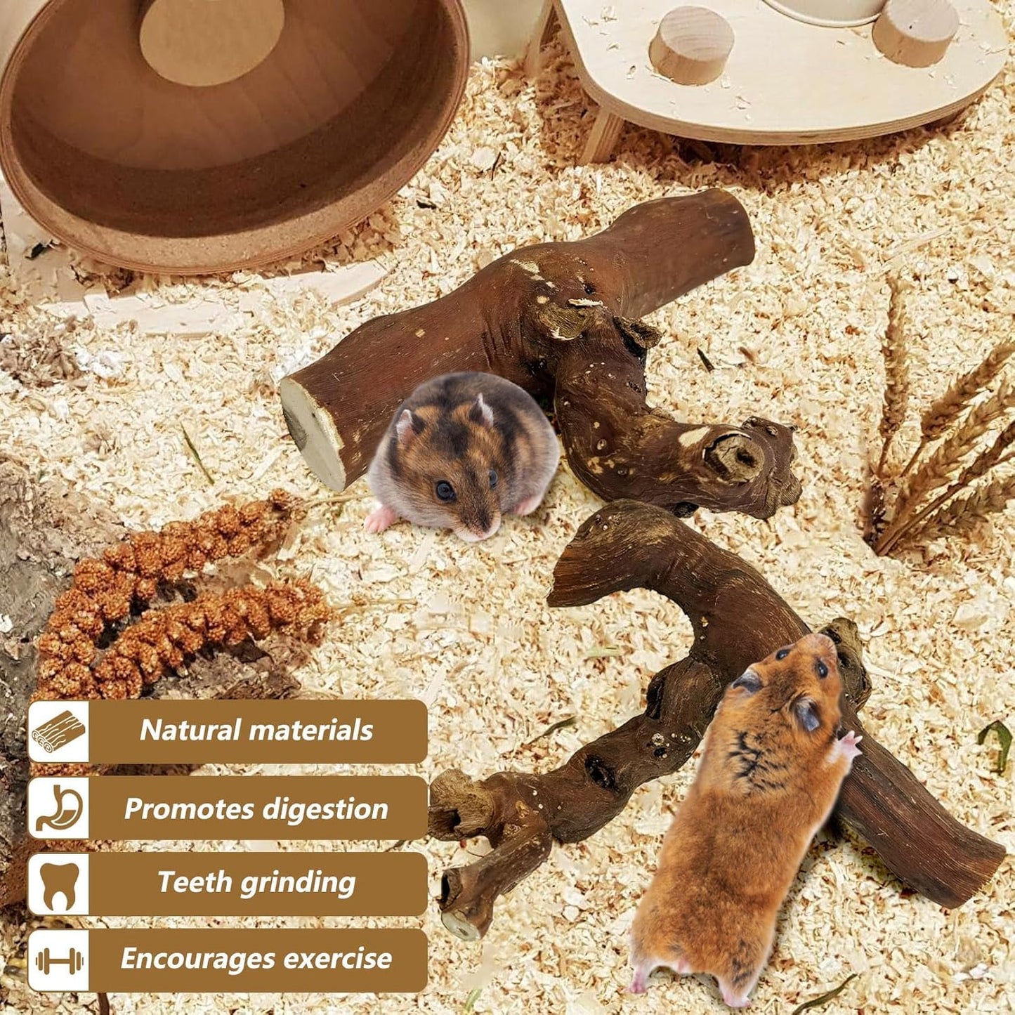 2 PCS Wooden Hamster Climbing Branches 5.9 in Natural Grapevine Syrian Hamster Chewing Toys Small Animal Habitat Decor Accessories for Gerbils Mice Rat and Dwarf Pets