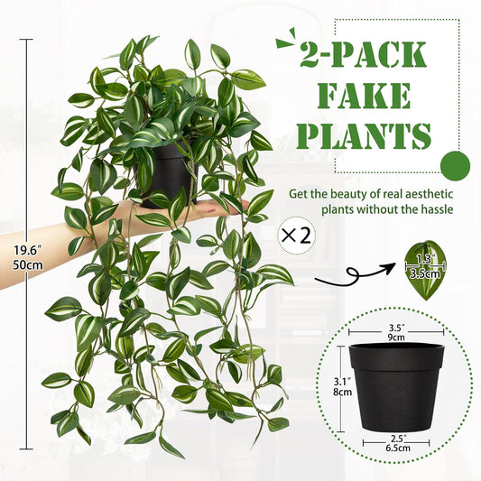 2 Pack Fake Hanging Plants for Shelf in Back Pot, Small Artificial Hanging Ivy Vine Plants Indoor Fake Potted Greenery Plant Decor Room Bathroom Wall End Table Mimi Faux Wandering Jew Plant Set