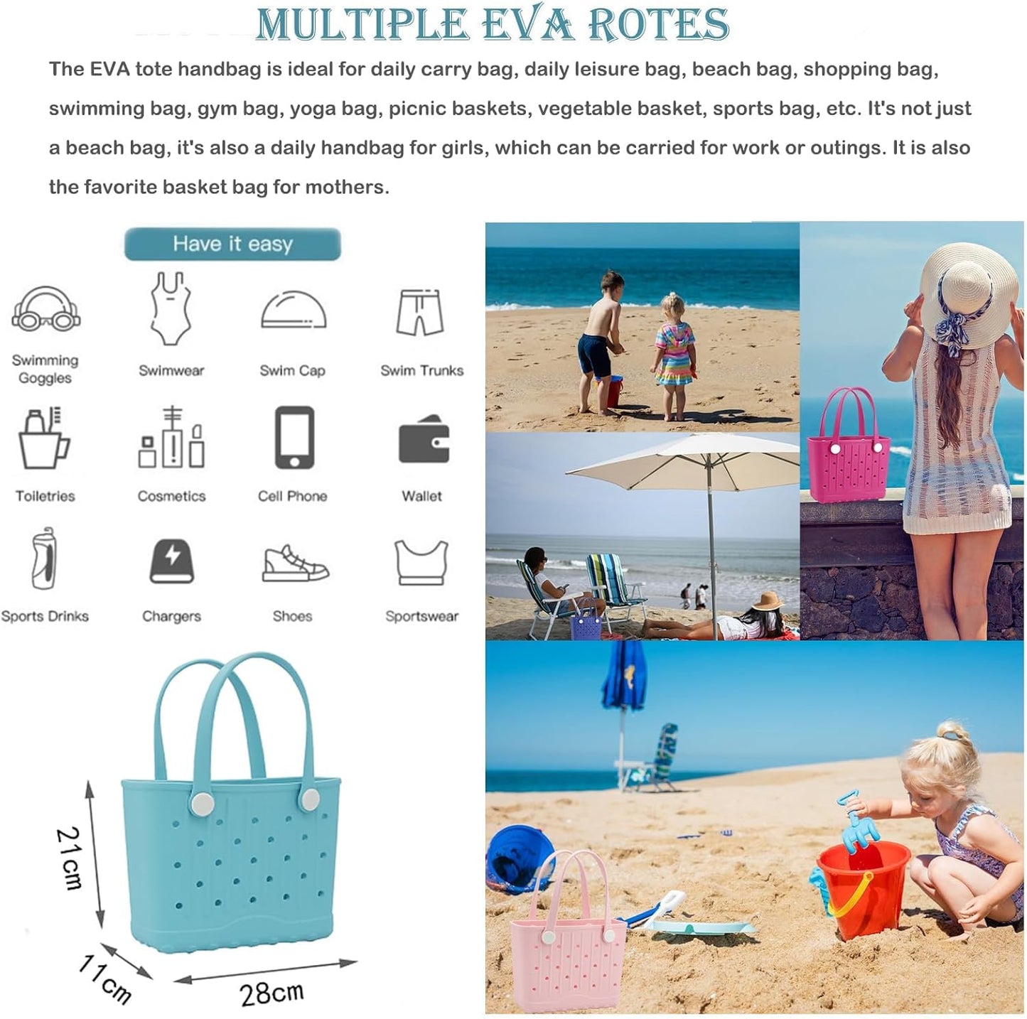 Small Rubber Beach Bags Creative EVA Beach Totes Waterproof Travel Bag for Beach, Picnic, Sports, Yoga
