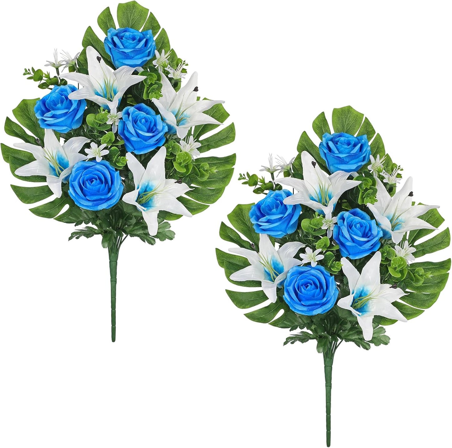 Artificial Cemetery Flowers for Grave, Set of 2 Silk White Faux Camellia Bouquet Flowers Outdoor Graveyard Memorial Flower for Cemetery Headstones Decoration