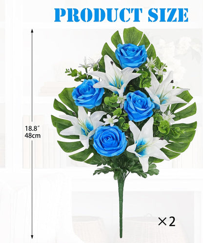 Artificial Cemetery Flowers for Grave, Set of 2 Silk White Faux Camellia Bouquet Flowers Outdoor Graveyard Memorial Flower for Cemetery Headstones Decoration