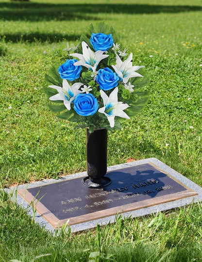 Artificial Cemetery Flowers for Grave, Set of 2 Silk White Faux Camellia Bouquet Flowers Outdoor Graveyard Memorial Flower for Cemetery Headstones Decoration