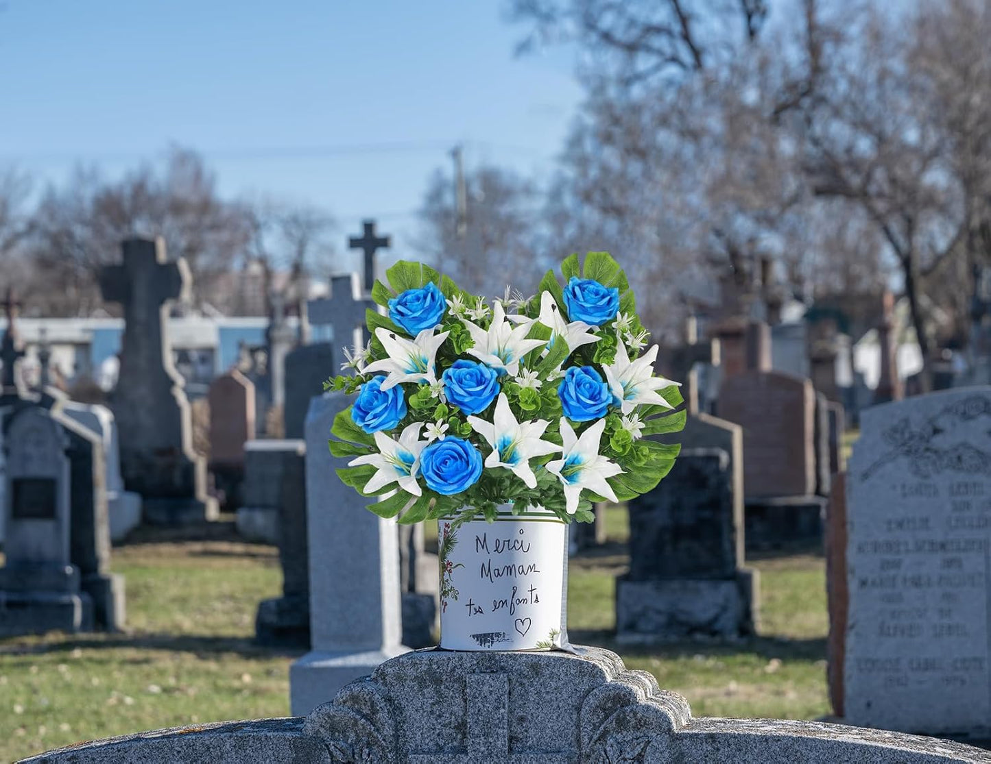 Artificial Cemetery Flowers for Grave, Set of 2 Silk White Faux Camellia Bouquet Flowers Outdoor Graveyard Memorial Flower for Cemetery Headstones Decoration