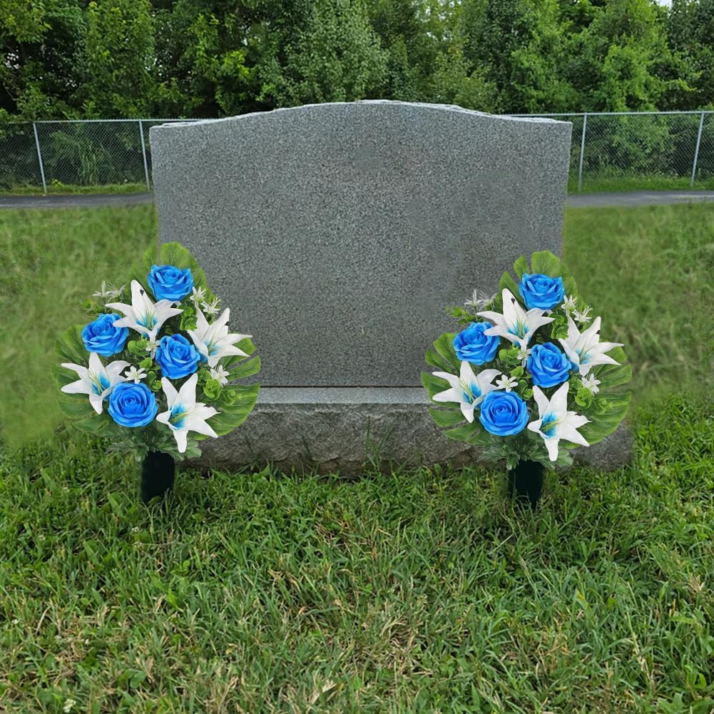 Artificial Cemetery Flowers for Grave, Set of 2 Silk White Faux Camellia Bouquet Flowers Outdoor Graveyard Memorial Flower for Cemetery Headstones Decoration