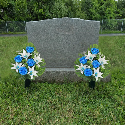Artificial Cemetery Flowers for Grave, Set of 2 Silk White Faux Camellia Bouquet Flowers Outdoor Graveyard Memorial Flower for Cemetery Headstones Decoration