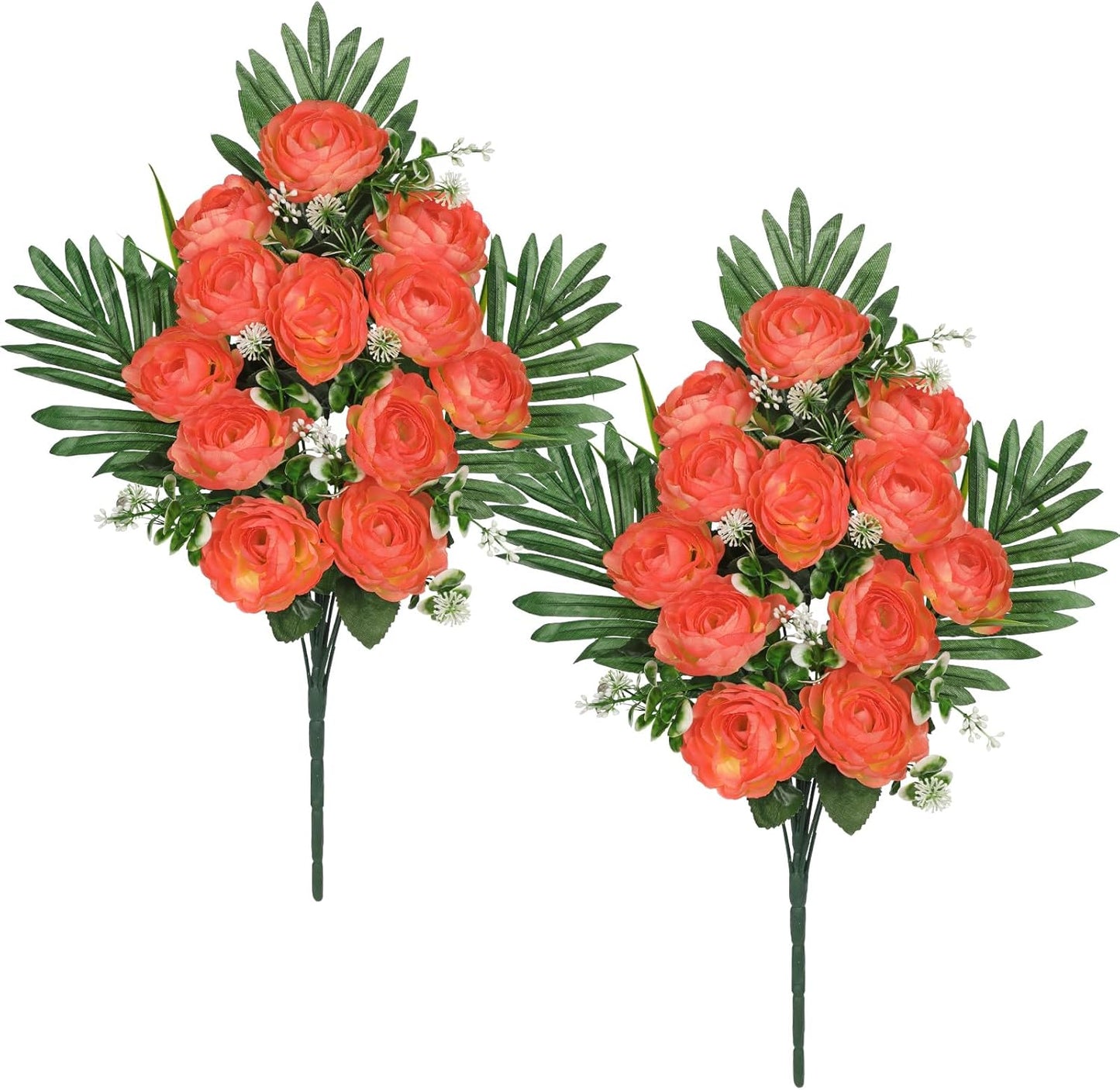 Artificial Cemetery Flowers for Grave, Set of 2 Silk White Faux Camellia Bouquet Flowers Outdoor Graveyard Memorial Flower for Cemetery Headstones Decoration