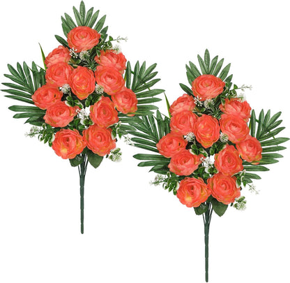 Artificial Cemetery Flowers for Grave, Set of 2 Silk White Faux Camellia Bouquet Flowers Outdoor Graveyard Memorial Flower for Cemetery Headstones Decoration