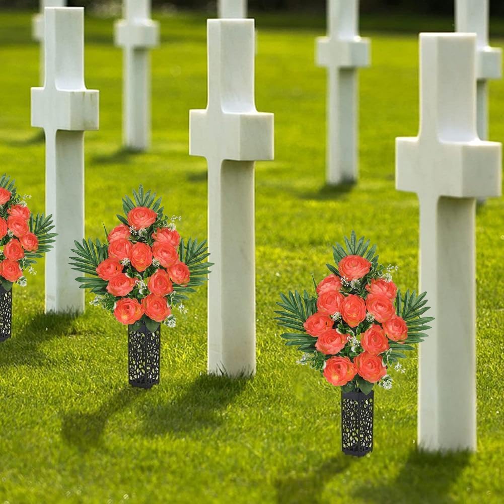 Artificial Cemetery Flowers for Grave, Set of 2 Silk White Faux Camellia Bouquet Flowers Outdoor Graveyard Memorial Flower for Cemetery Headstones Decoration