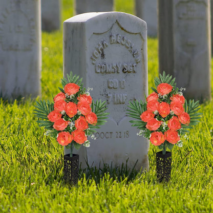 Artificial Cemetery Flowers for Grave, Set of 2 Silk White Faux Camellia Bouquet Flowers Outdoor Graveyard Memorial Flower for Cemetery Headstones Decoration