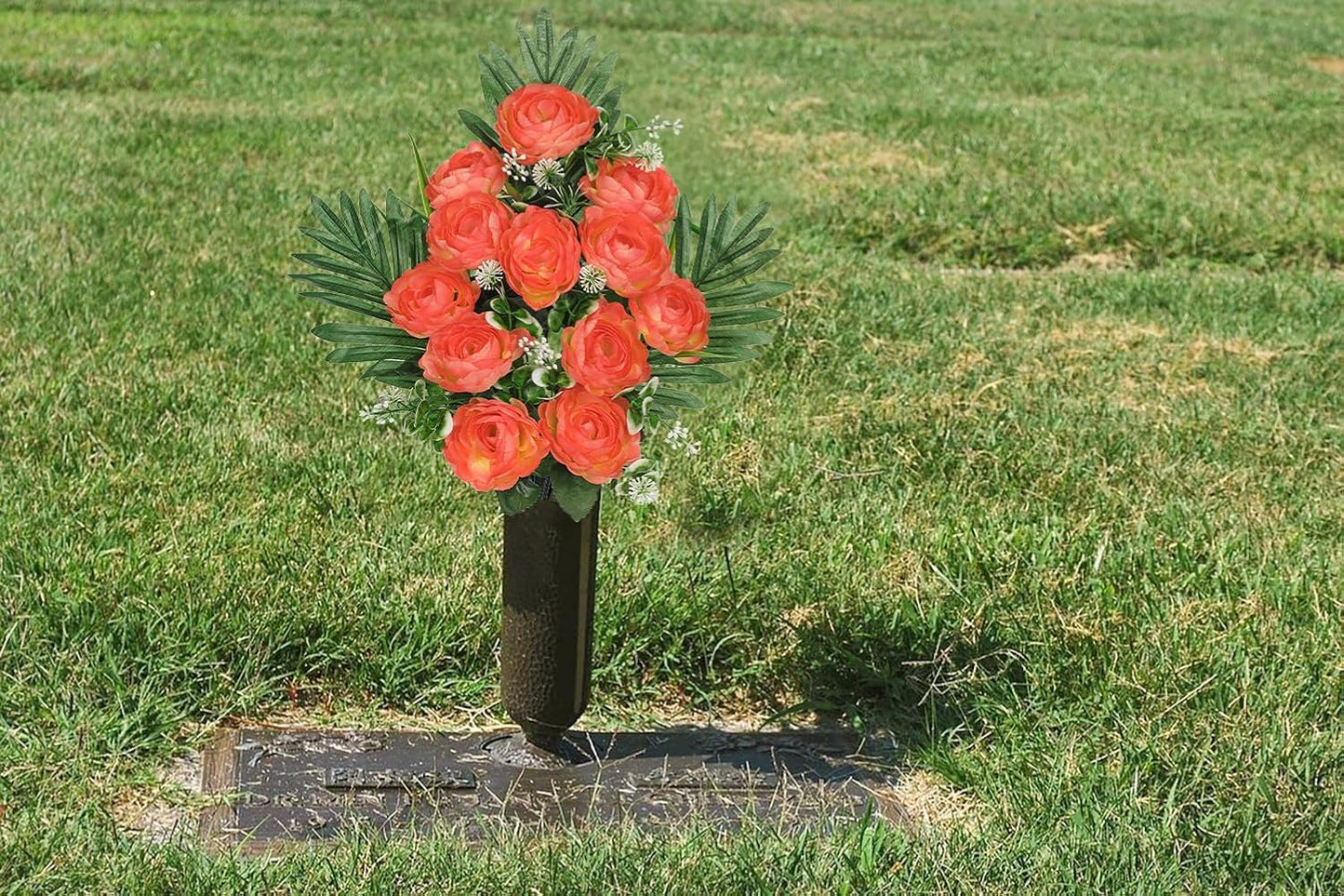 Artificial Cemetery Flowers for Grave, Set of 2 Silk White Faux Camellia Bouquet Flowers Outdoor Graveyard Memorial Flower for Cemetery Headstones Decoration