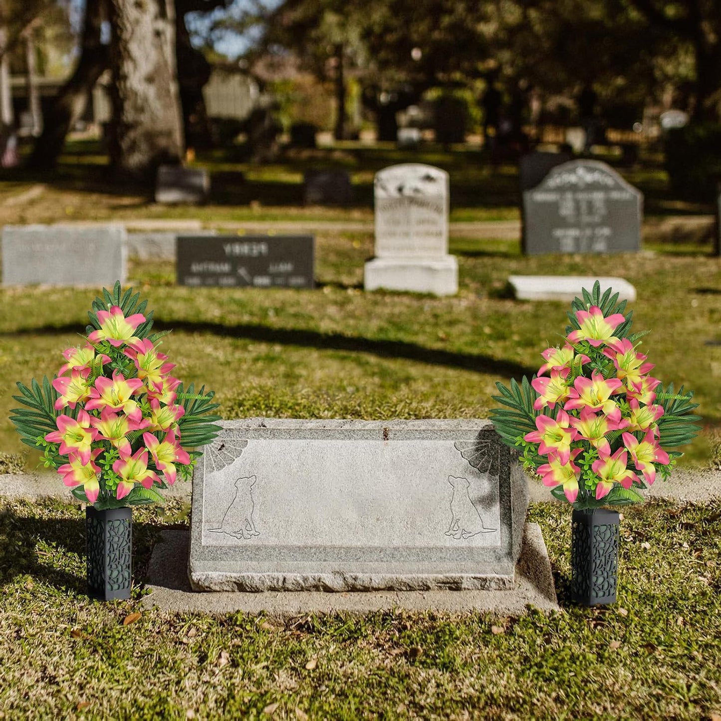 Artificial Cemetery Flowers for Grave, Set of 2 Silk White Faux Camellia Bouquet Flowers Outdoor Graveyard Memorial Flower for Cemetery Headstones Decoration