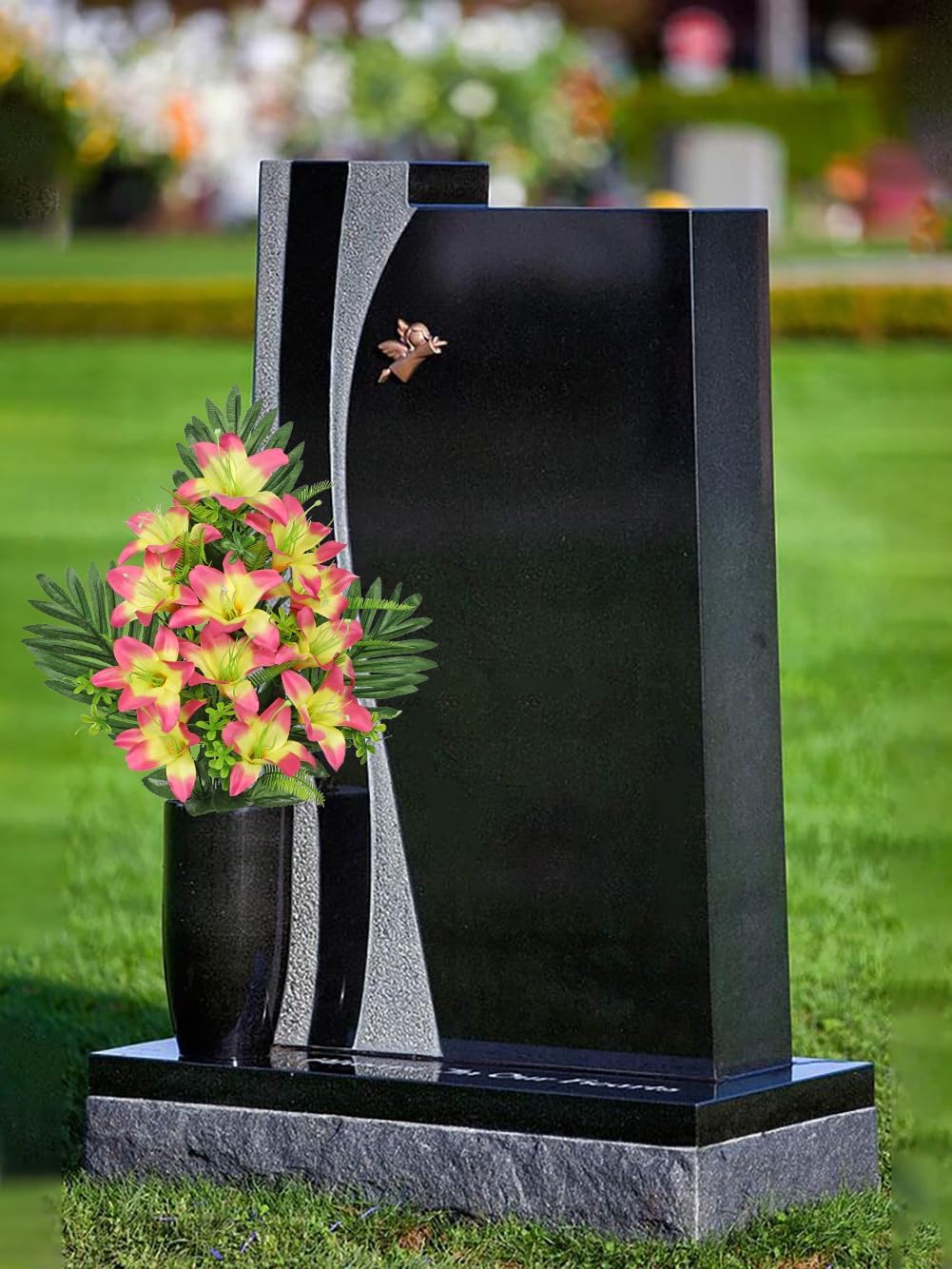 Artificial Cemetery Flowers for Grave, Set of 2 Silk White Faux Camellia Bouquet Flowers Outdoor Graveyard Memorial Flower for Cemetery Headstones Decoration