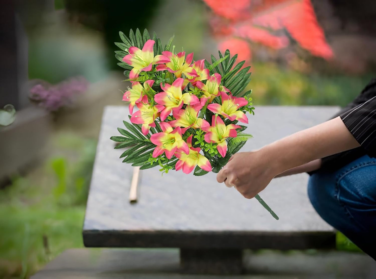 Artificial Cemetery Flowers for Grave, Set of 2 Silk White Faux Camellia Bouquet Flowers Outdoor Graveyard Memorial Flower for Cemetery Headstones Decoration