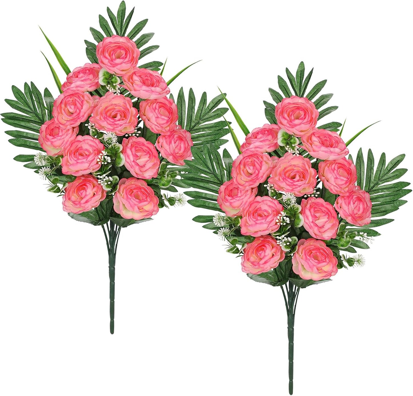 Artificial Cemetery Flowers for Grave, Set of 2 Silk White Faux Camellia Bouquet Flowers Outdoor Graveyard Memorial Flower for Cemetery Headstones Decoration