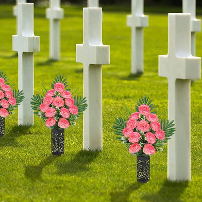 Artificial Cemetery Flowers for Grave, Set of 2 Silk White Faux Camellia Bouquet Flowers Outdoor Graveyard Memorial Flower for Cemetery Headstones Decoration