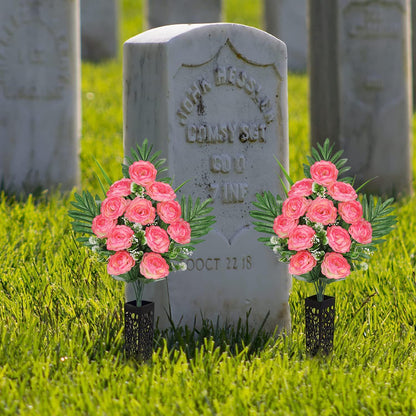 Artificial Cemetery Flowers for Grave, Set of 2 Silk White Faux Camellia Bouquet Flowers Outdoor Graveyard Memorial Flower for Cemetery Headstones Decoration
