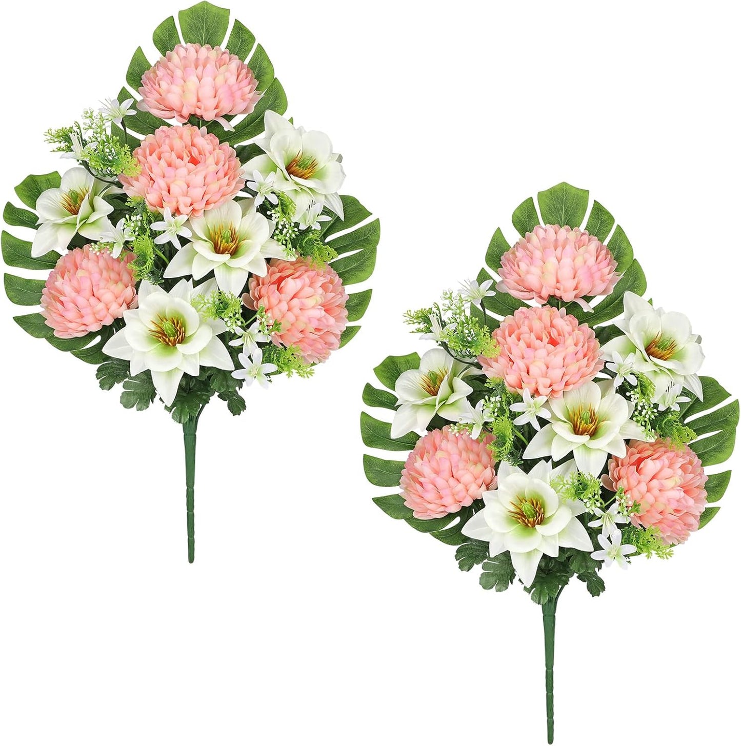Artificial Cemetery Flowers for Grave, Set of 2 Silk White Faux Camellia Bouquet Flowers Outdoor Graveyard Memorial Flower for Cemetery Headstones Decoration