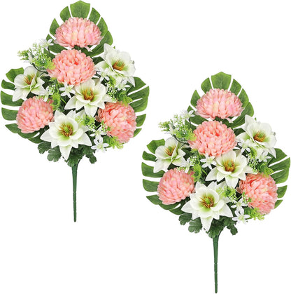 Artificial Cemetery Flowers for Grave, Set of 2 Silk White Faux Camellia Bouquet Flowers Outdoor Graveyard Memorial Flower for Cemetery Headstones Decoration