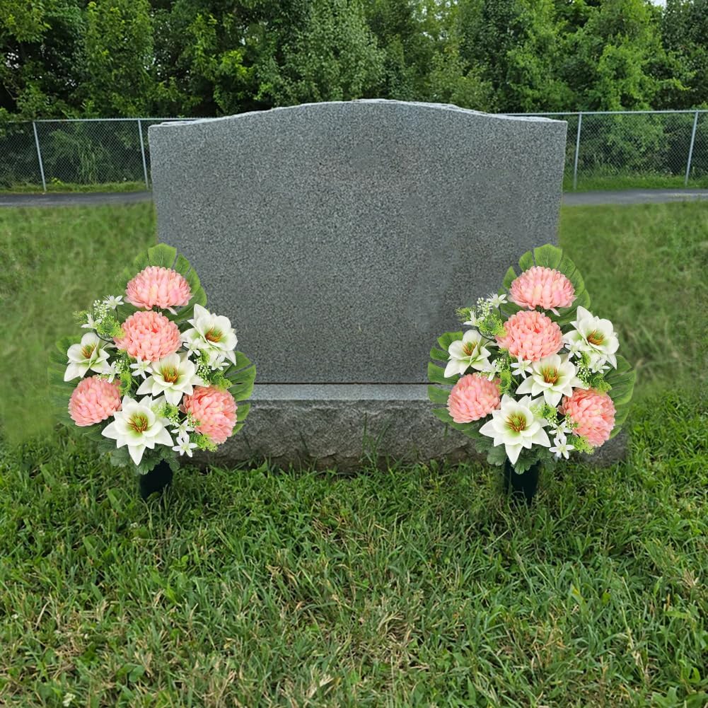 Artificial Cemetery Flowers for Grave, Set of 2 Silk White Faux Camellia Bouquet Flowers Outdoor Graveyard Memorial Flower for Cemetery Headstones Decoration
