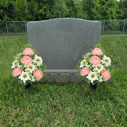 Artificial Cemetery Flowers for Grave, Set of 2 Silk White Faux Camellia Bouquet Flowers Outdoor Graveyard Memorial Flower for Cemetery Headstones Decoration