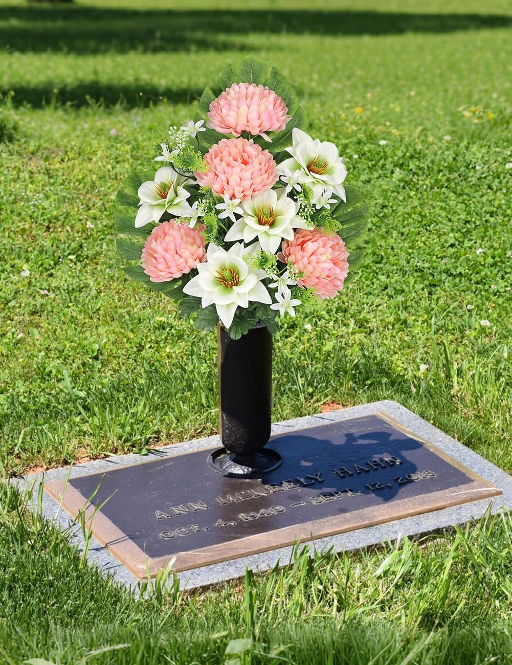 Artificial Cemetery Flowers for Grave, Set of 2 Silk White Faux Camellia Bouquet Flowers Outdoor Graveyard Memorial Flower for Cemetery Headstones Decoration