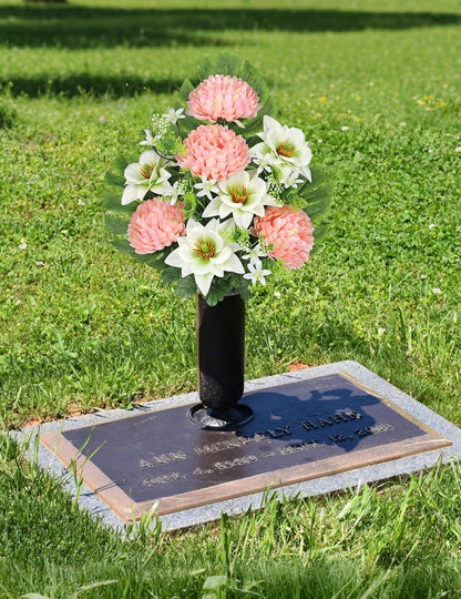 Artificial Cemetery Flowers for Grave, Set of 2 Silk White Faux Camellia Bouquet Flowers Outdoor Graveyard Memorial Flower for Cemetery Headstones Decoration
