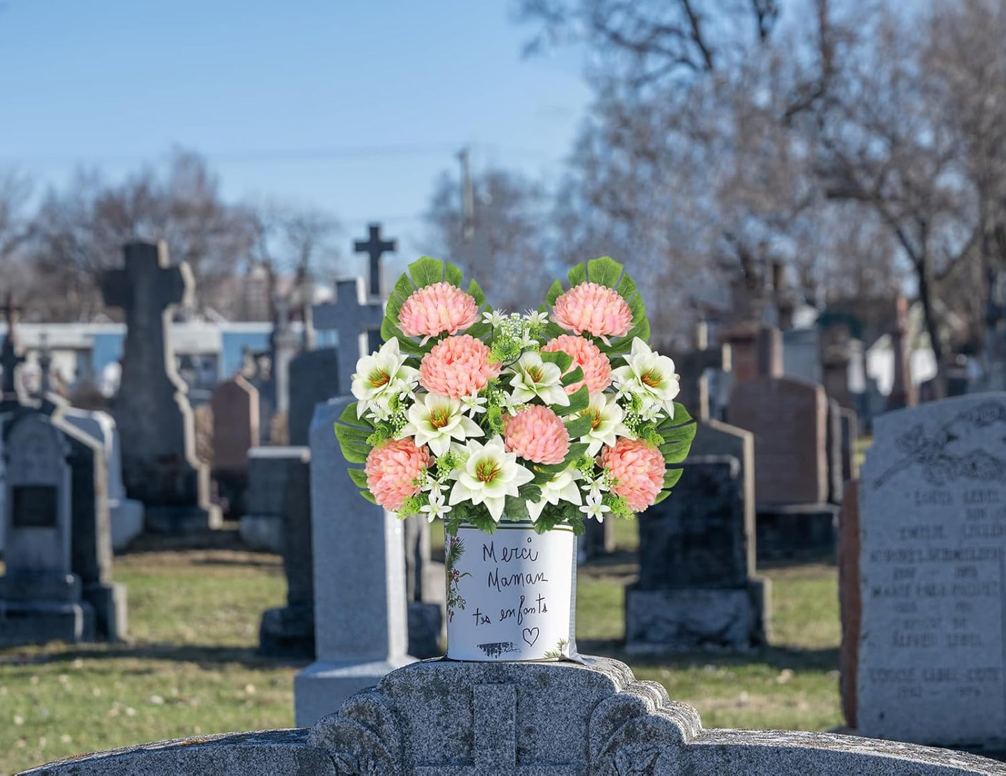 Artificial Cemetery Flowers for Grave, Set of 2 Silk White Faux Camellia Bouquet Flowers Outdoor Graveyard Memorial Flower for Cemetery Headstones Decoration