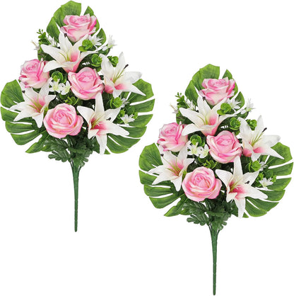 Artificial Cemetery Flowers for Grave, Set of 2 Silk White Faux Camellia Bouquet Flowers Outdoor Graveyard Memorial Flower for Cemetery Headstones Decoration