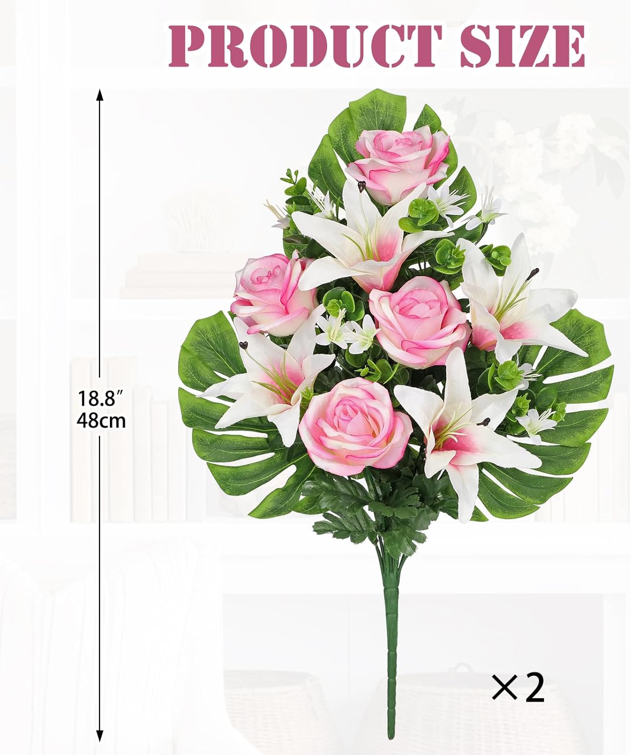Artificial Cemetery Flowers for Grave, Set of 2 Silk White Faux Camellia Bouquet Flowers Outdoor Graveyard Memorial Flower for Cemetery Headstones Decoration