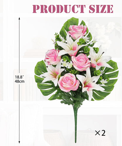 Artificial Cemetery Flowers for Grave, Set of 2 Silk White Faux Camellia Bouquet Flowers Outdoor Graveyard Memorial Flower for Cemetery Headstones Decoration