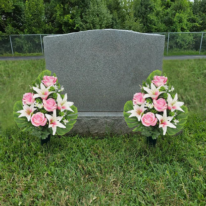 Artificial Cemetery Flowers for Grave, Set of 2 Silk White Faux Camellia Bouquet Flowers Outdoor Graveyard Memorial Flower for Cemetery Headstones Decoration