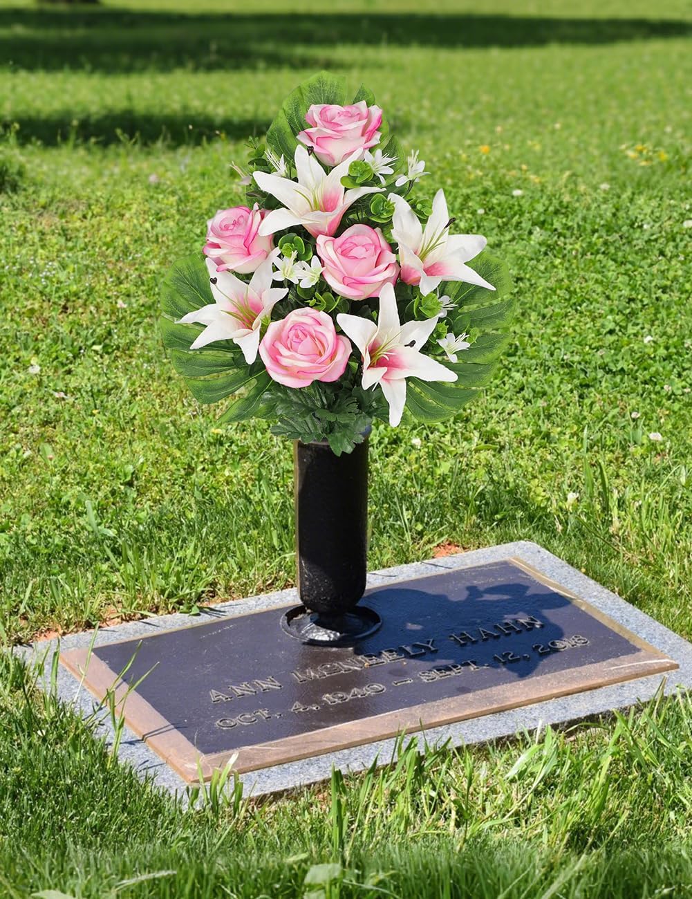 Artificial Cemetery Flowers for Grave, Set of 2 Silk White Faux Camellia Bouquet Flowers Outdoor Graveyard Memorial Flower for Cemetery Headstones Decoration