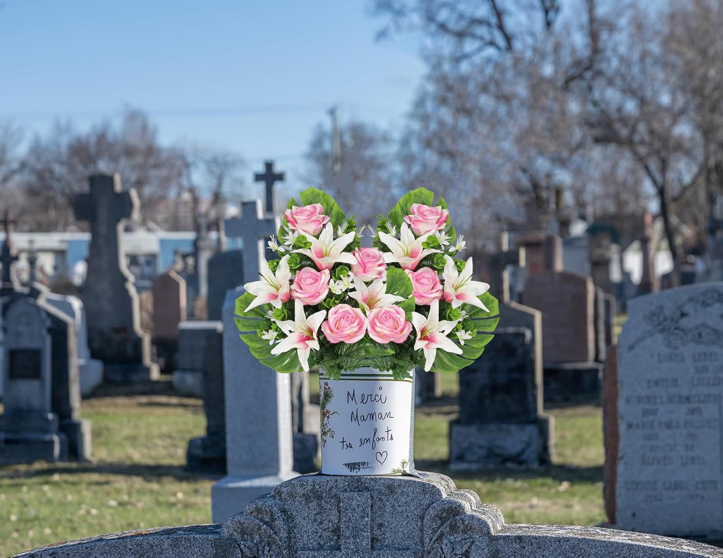 Artificial Cemetery Flowers for Grave, Set of 2 Silk White Faux Camellia Bouquet Flowers Outdoor Graveyard Memorial Flower for Cemetery Headstones Decoration