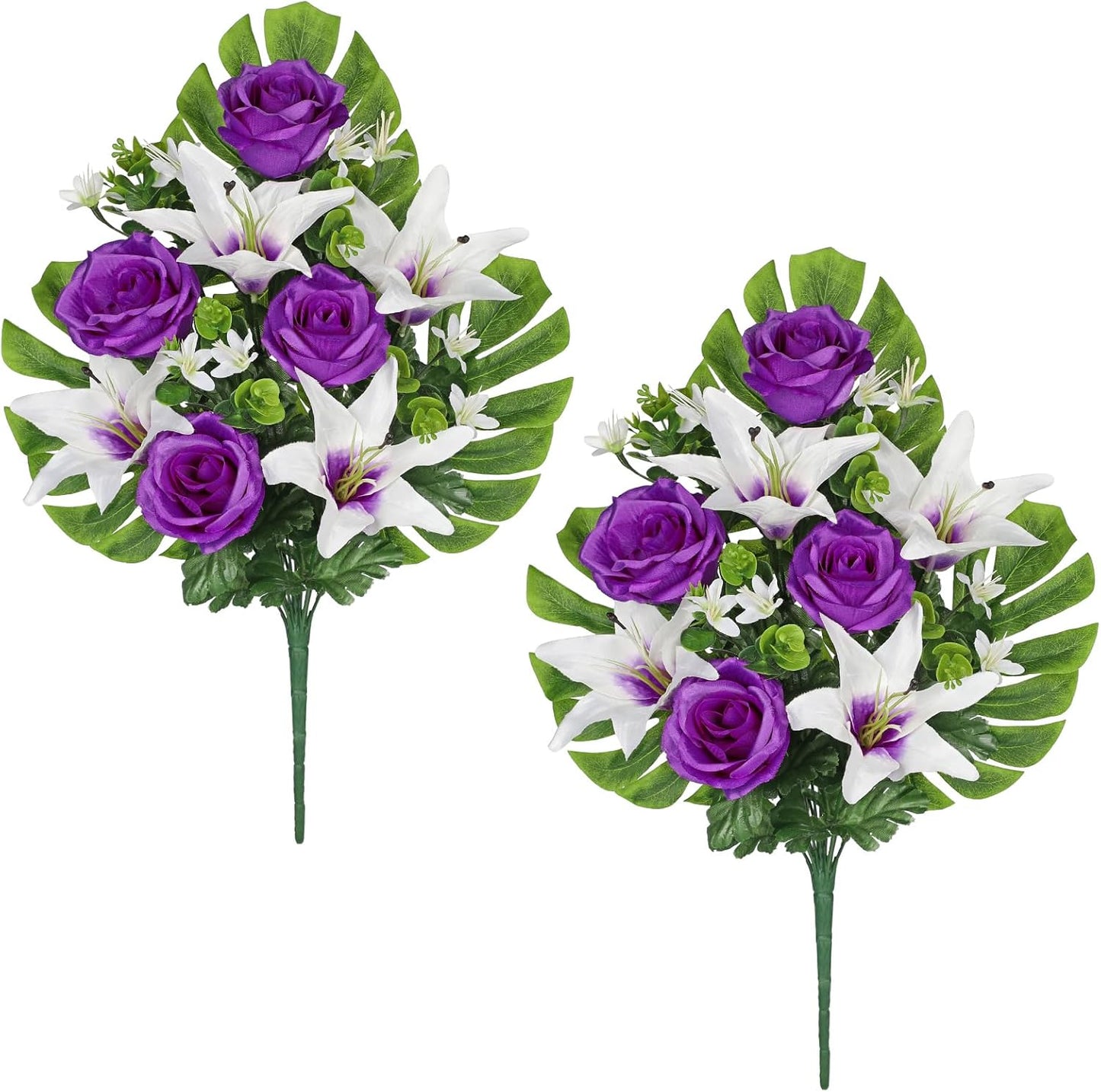 Artificial Cemetery Flowers for Grave, Set of 2 Silk White Faux Camellia Bouquet Flowers Outdoor Graveyard Memorial Flower for Cemetery Headstones Decoration