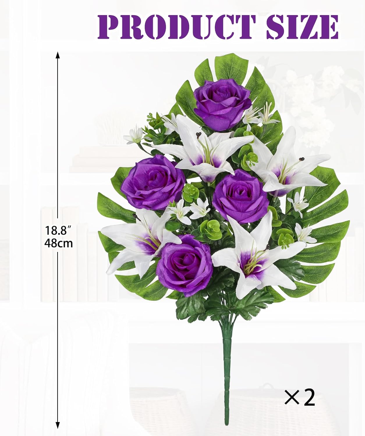 Artificial Cemetery Flowers for Grave, Set of 2 Silk White Faux Camellia Bouquet Flowers Outdoor Graveyard Memorial Flower for Cemetery Headstones Decoration