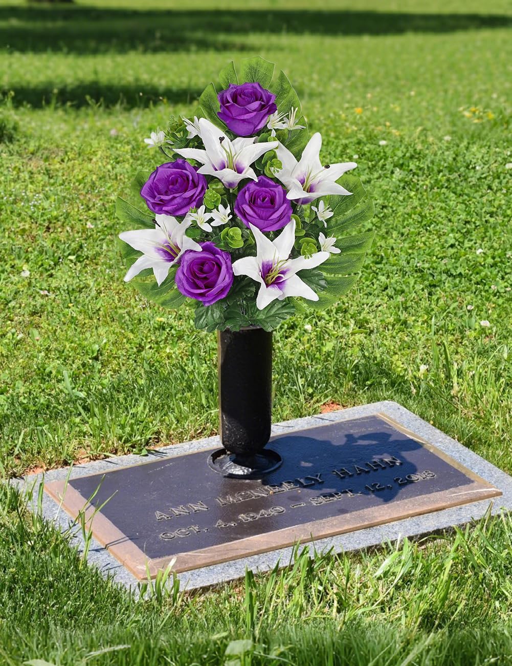 Artificial Cemetery Flowers for Grave, Set of 2 Silk White Faux Camellia Bouquet Flowers Outdoor Graveyard Memorial Flower for Cemetery Headstones Decoration